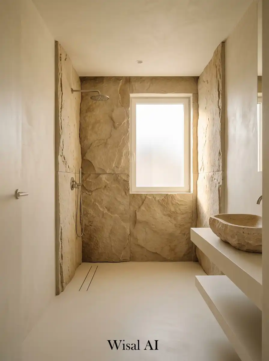 Natural bathroom with ivory surfaces and sandstone textures inspired by organic materials.