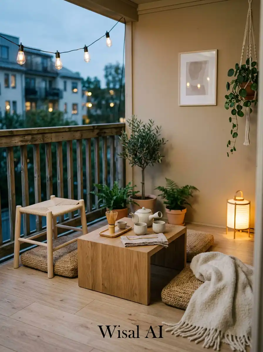Minimal Japandi balcony with compact wooden tea table and calm ritual-inspired seating arrangement.