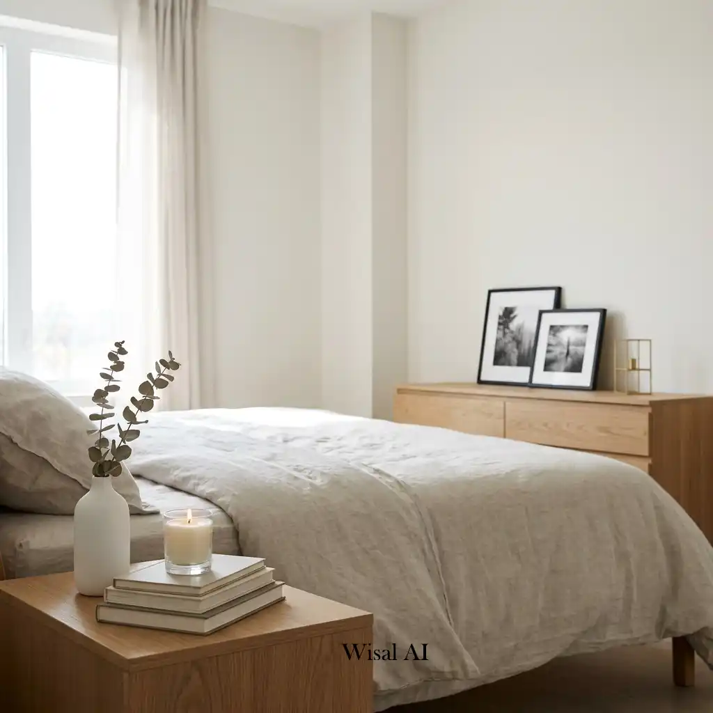 Minimalist bedroom with carefully selected decorative accessories including candles, ceramic vases, and framed artwork.