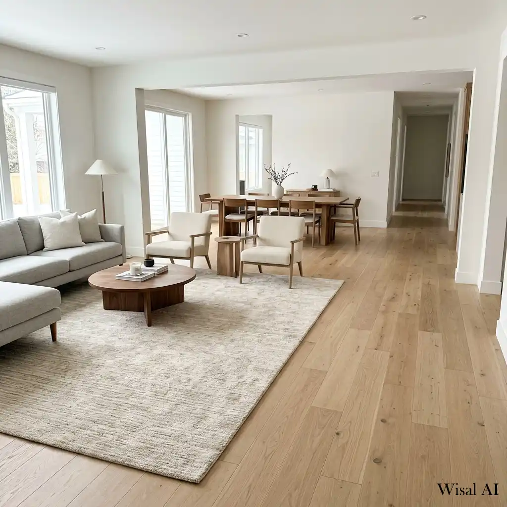 Bright living room with continuous flooring and a large area rug.