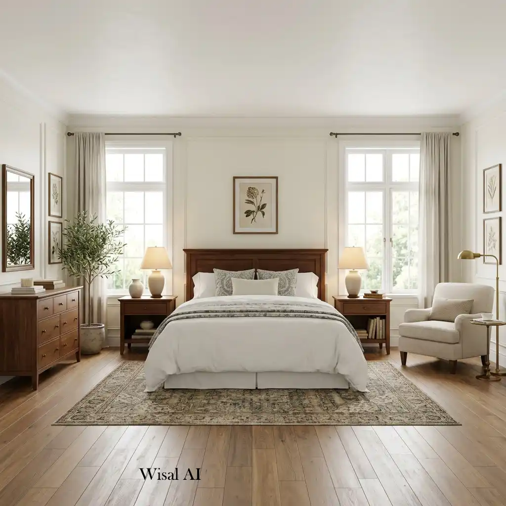 Balanced bedroom layout with symmetrical nightstands, matching lamps, and comfortable circulation.