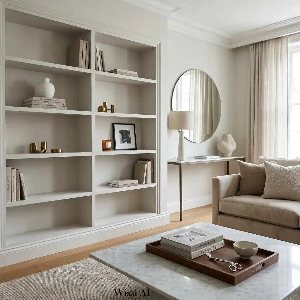 Minimalist living room with beautifully styled shelves and clutter-free decorative surfaces.