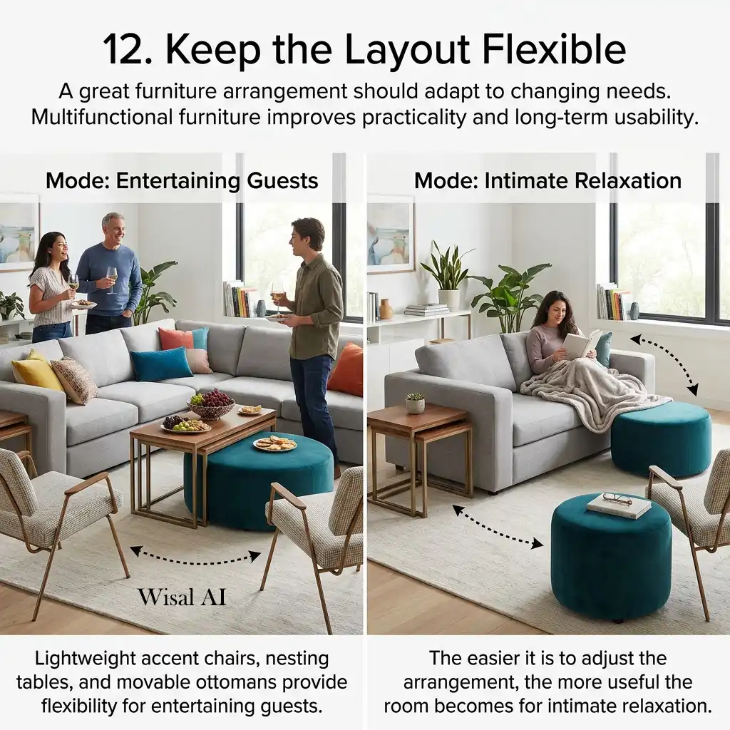 Flexible living room with movable chairs and multifunctional furniture.