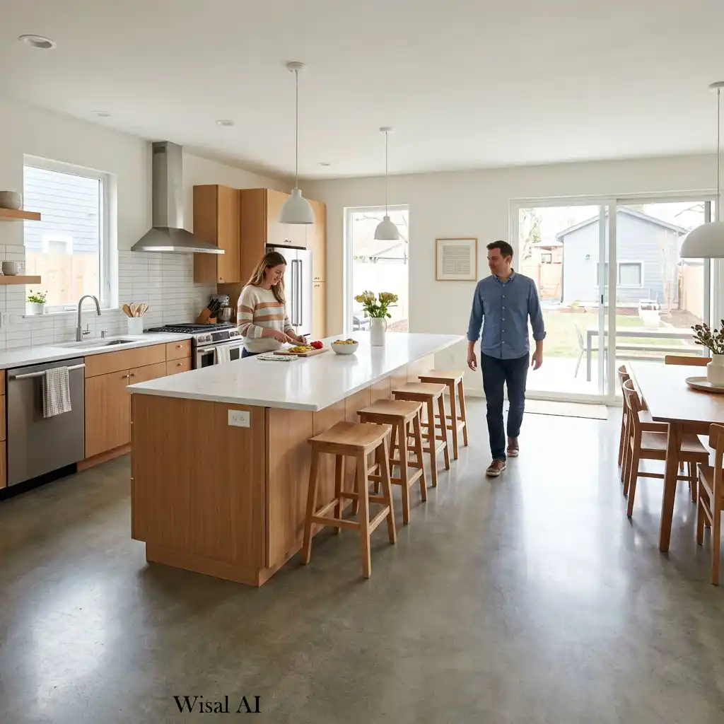 Open-concept kitchen with wide walkways, comfortable circulation, and a practical furniture layout.