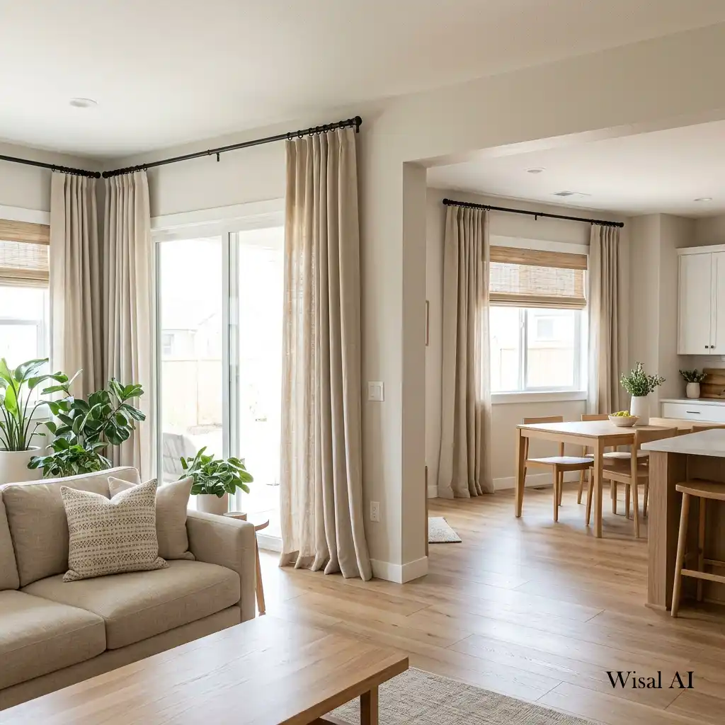 Bright home with matching linen curtains providing a cohesive and elegant appearance.