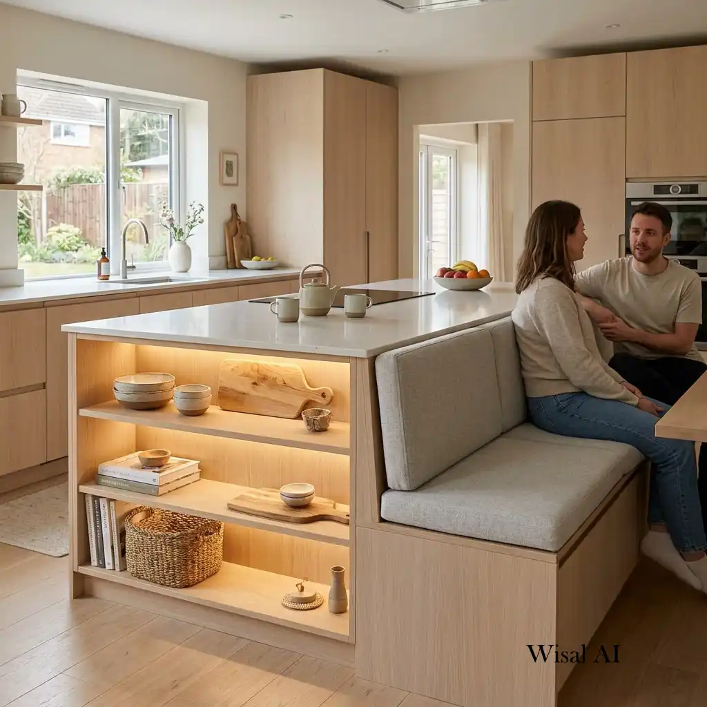 Kitchen island featuring open shelving and built-in seating in a modern home.