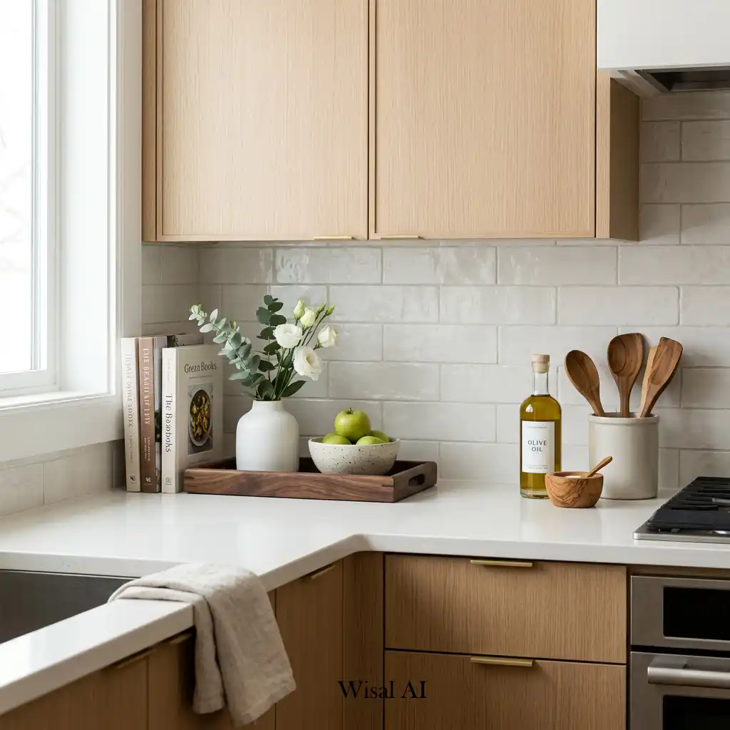 Minimalist kitchen styled with curated decorative accessories for a refined timeless look.