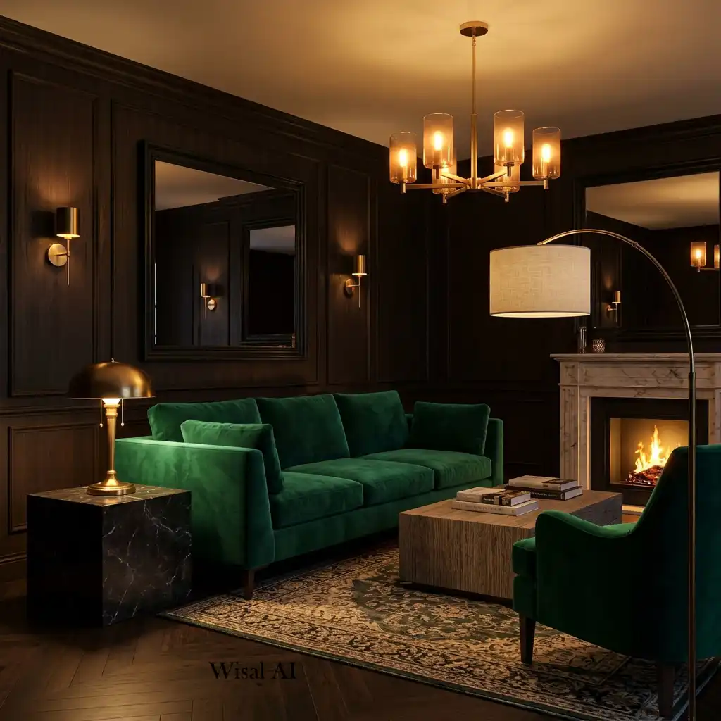 Cozy living room with layered lighting and emerald green décor.