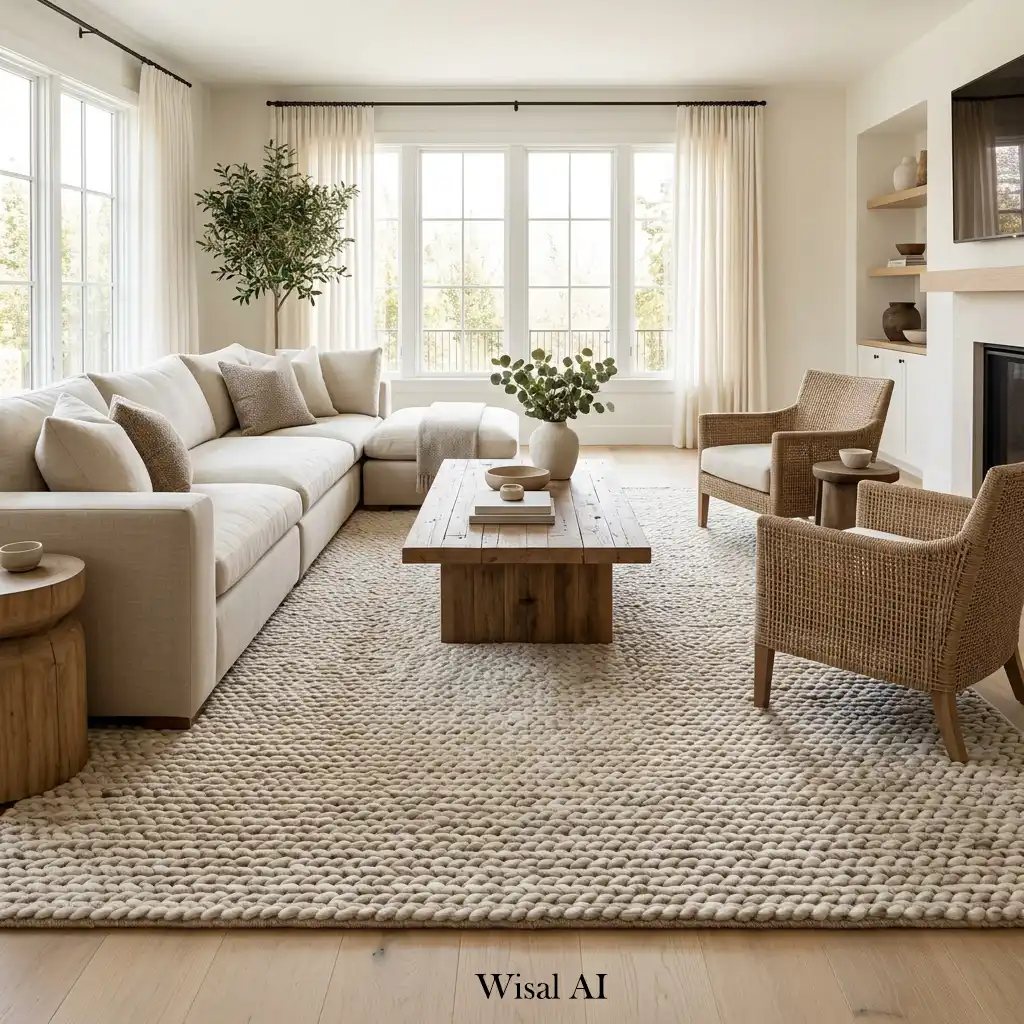 Large area rug defining an open concept living room