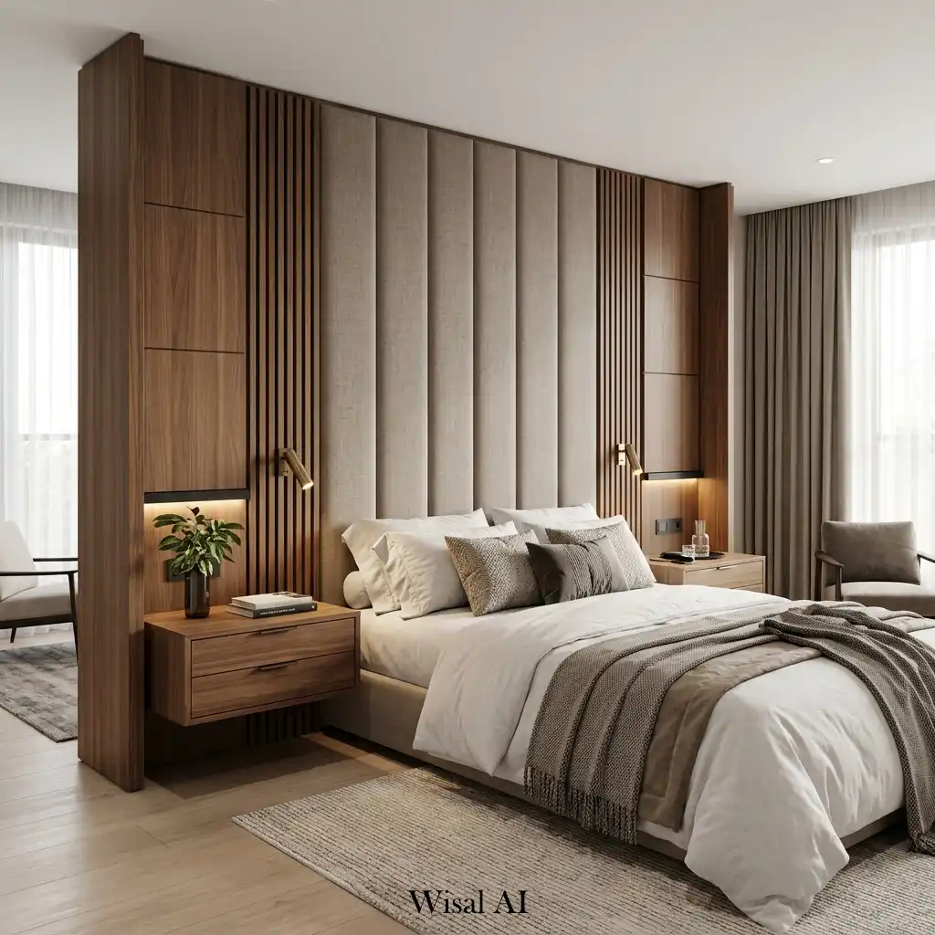 Luxury bedroom with integrated wall paneling and floating nightstands.