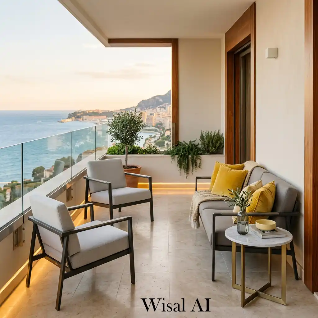Luxury yellow balcony with elegant outdoor furniture and refined decor