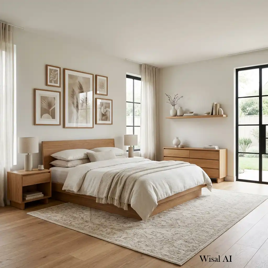 Coordinated bedroom featuring consistent colors, materials, and harmonious interior styling.