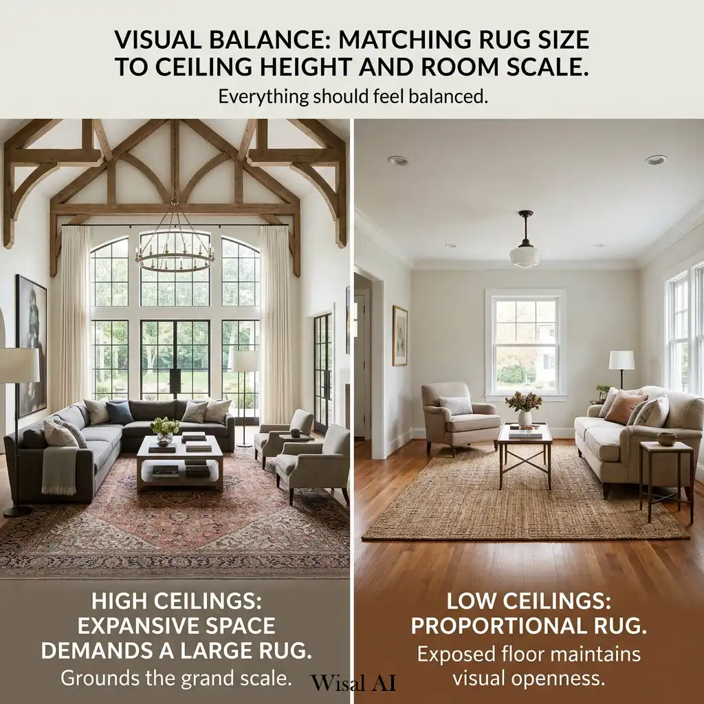 Spacious room featuring a perfectly proportioned rug matching the room's overall scale.