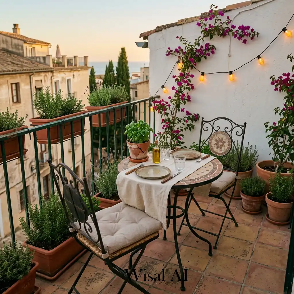Mediterranean balcony dining area with terracotta planters and decor