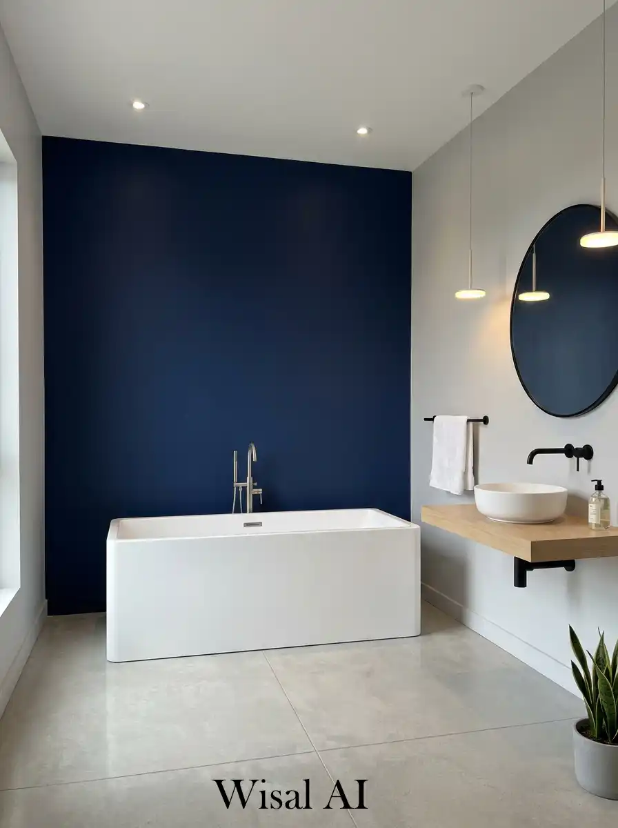 Minimal bathroom with bold navy blue feature wall