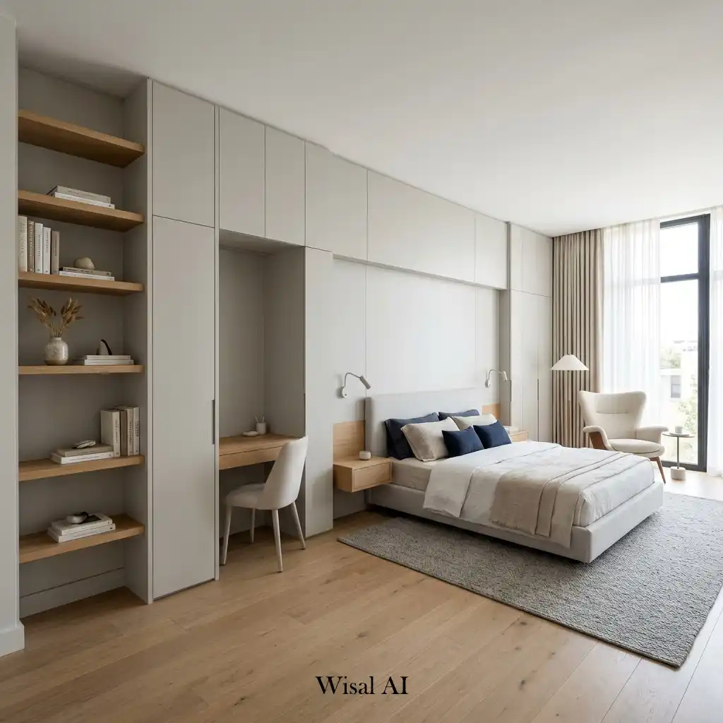Modern bedroom with built-in storage and a clean organized layout.