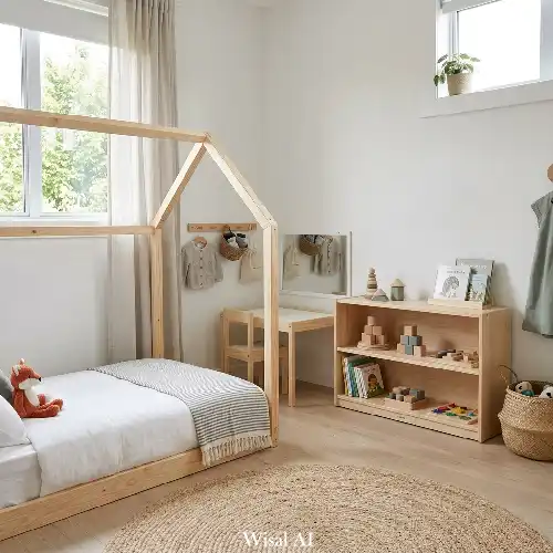 Montessori inspired kids bedroom with low furniture, open storage, and minimal design