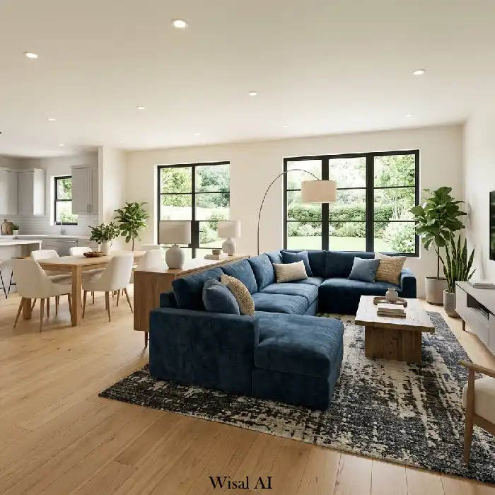 Art gallery style living room with moody blue backdrop and curated wall art
