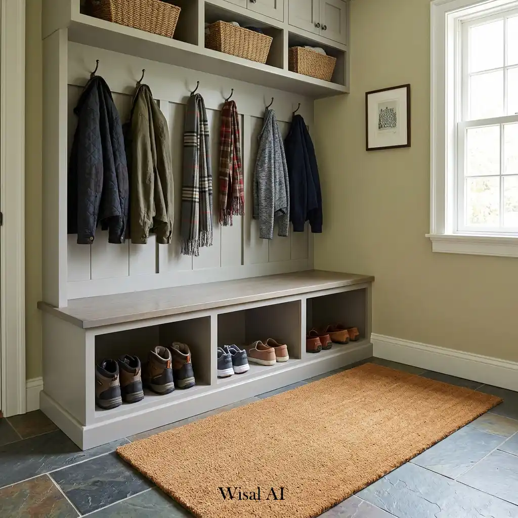 Organized mudroom with dedicated shoe storage compartments and built-in seating