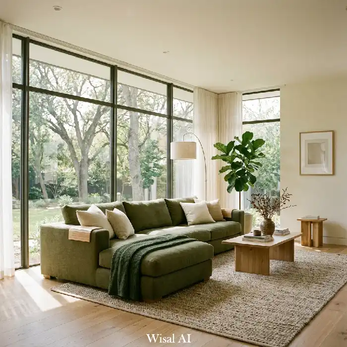 Olive green living room with floor-to-ceiling windows, natural light, and modern organic decor
