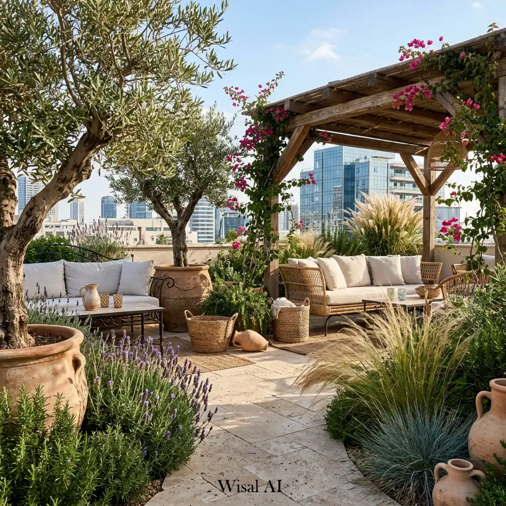 Mediterranean-inspired rooftop terrace with olive trees and natural stone flooring