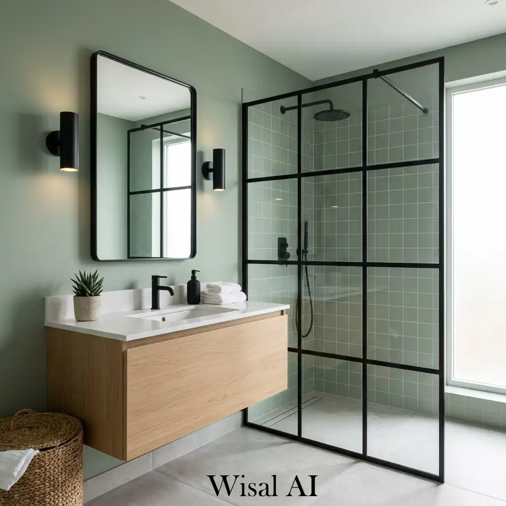Black accents in sage green modern bathroom interior
