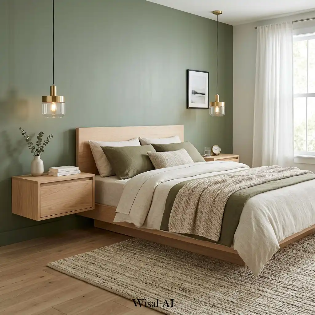 Contemporary sage green bedroom with floating white oak nightstands.