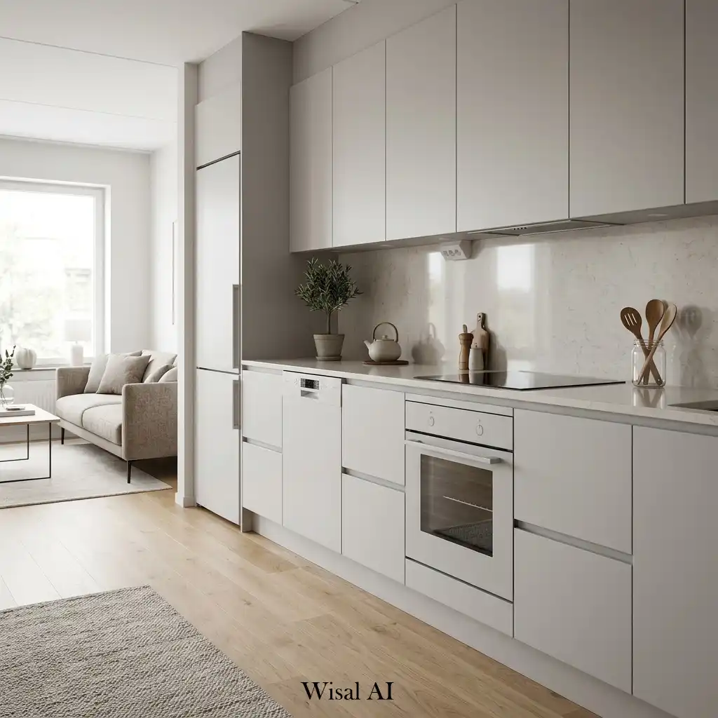 Minimal Scandinavian kitchen with integrated cabinets and clean design