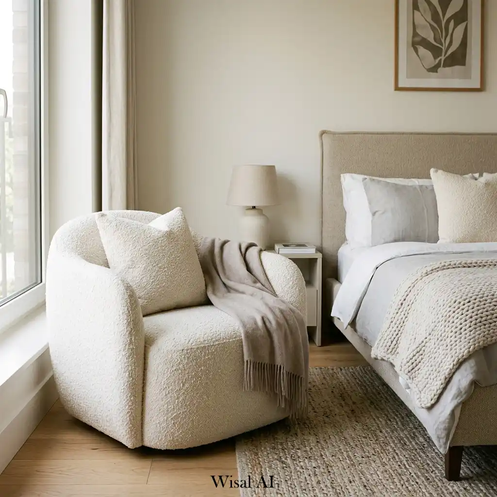 Cozy bedroom featuring bouclé fabric textures and soft furniture elements