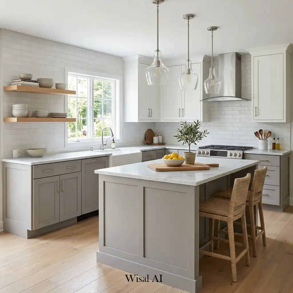 Soft gray and white two-tone kitchen with bright contemporary styling