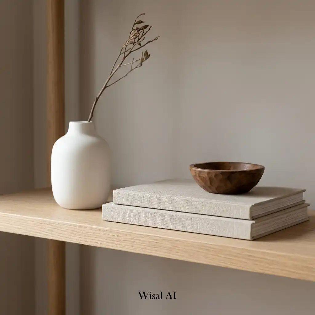 Minimalist living room with curated ceramic décor and natural accessories.