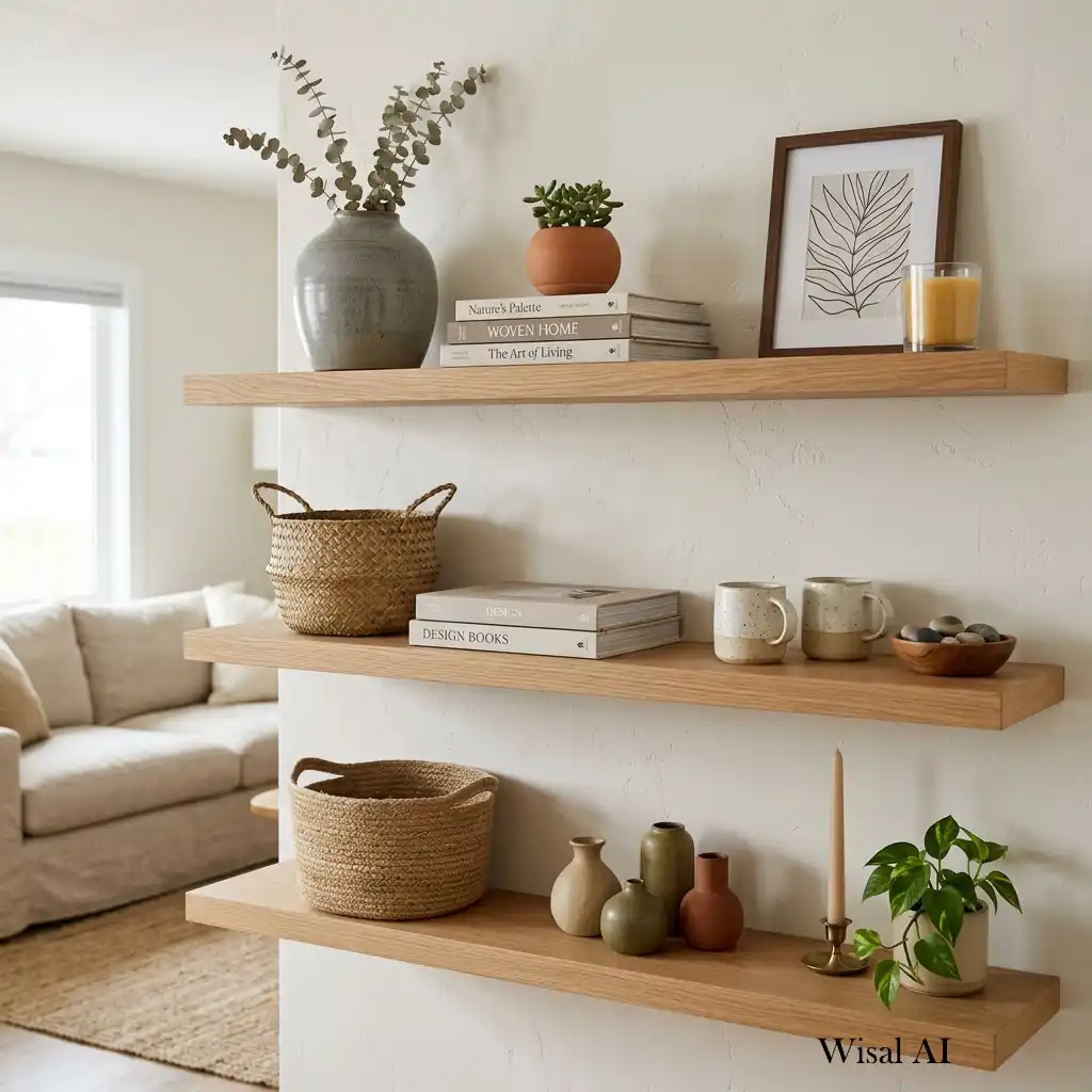 Open shelves styled with ceramics, books, and pistachio green accessories.