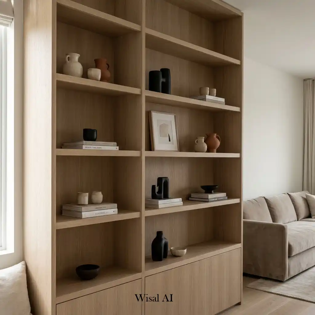 Minimalist shelves styled with ceramic vases, books, and natural décor.