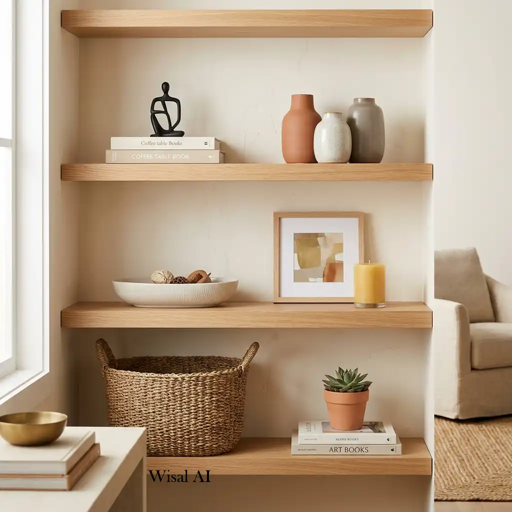 Minimalist shelves styled with ceramic décor and butter yellow accessories.