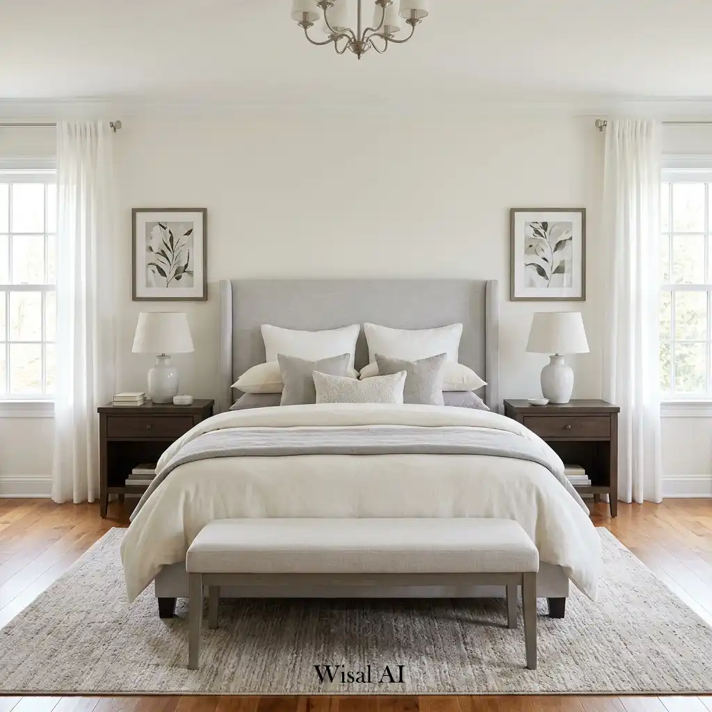 Balanced master bedroom design with symmetrical furniture arrangement