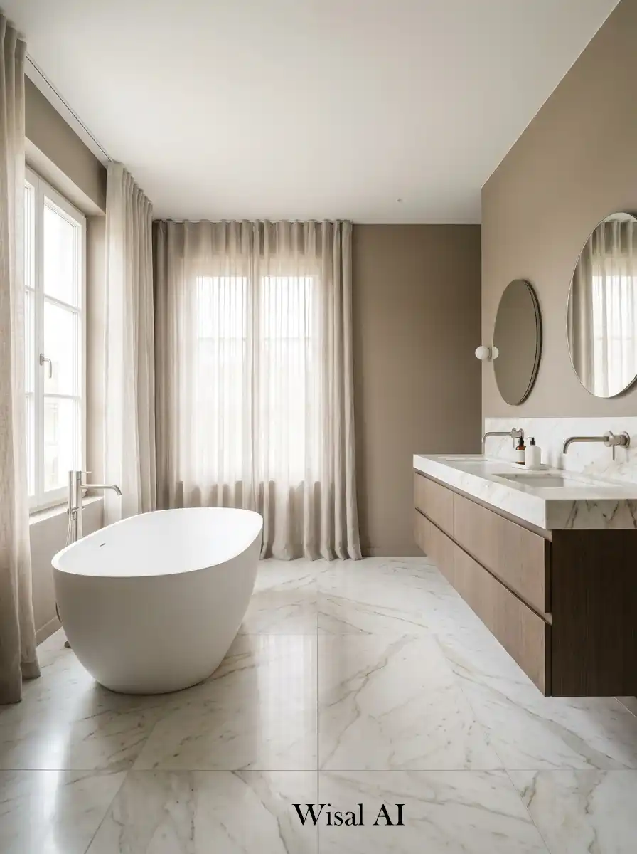 Luxury bathroom with taupe walls marble surfaces and timeless elegant spa-inspired interior design atmosphere.