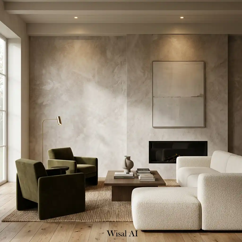 Contemporary luxury living room with textured walls and sophisticated décor