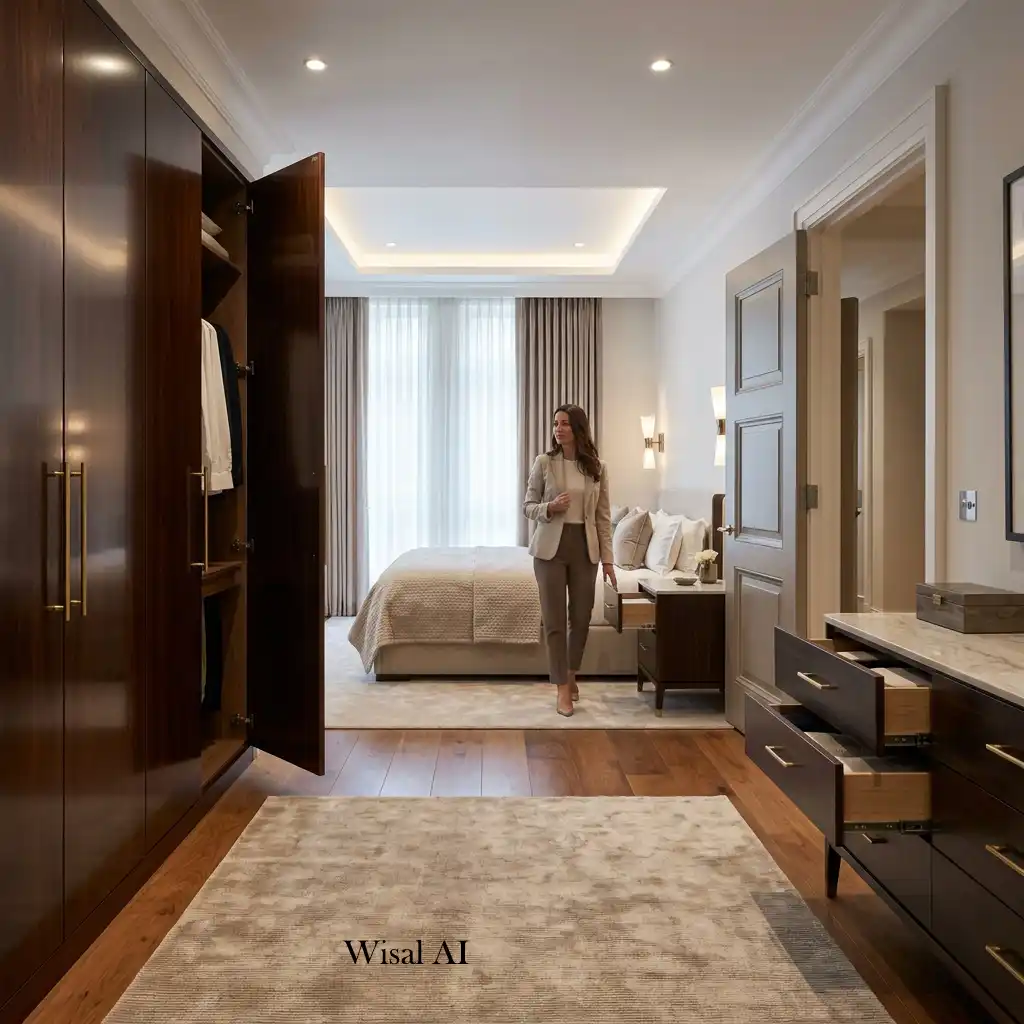 Bedroom layout with ample clearance for doors, drawers, and easy movement.