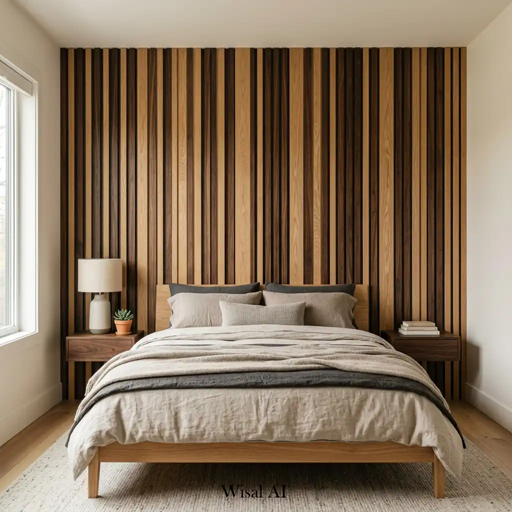 Two-tone wood slat bedroom wall combining oak and walnut finishes.