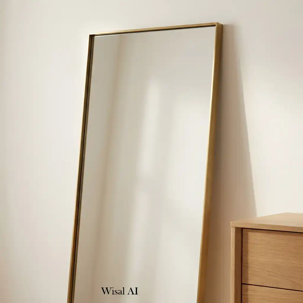 Bright bedroom featuring a full-length mirror reflecting natural light throughout the space.
