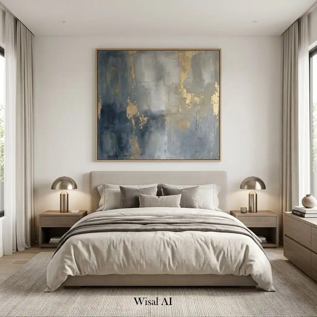 Modern bedroom displaying oversized abstract artwork above luxurious upholstered bed centerpiece elegantly.