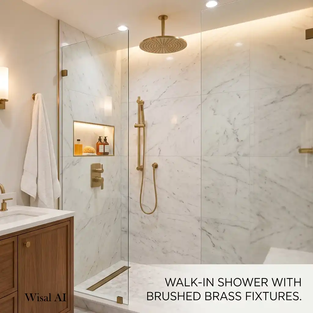 Elegant walk-in shower with brushed brass fixtures and white marble walls.