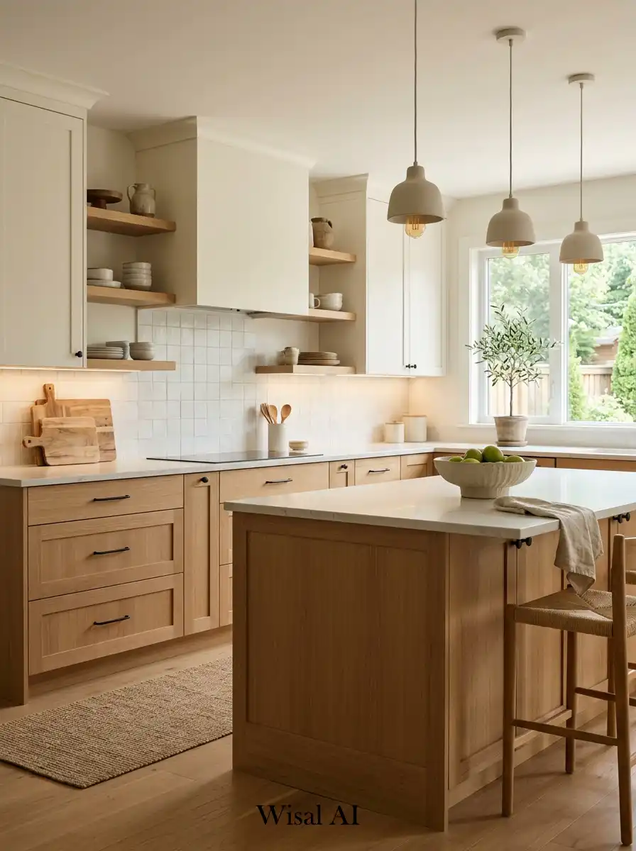 Scandinavian style kitchen with warm white cabinets and natural wood textures.