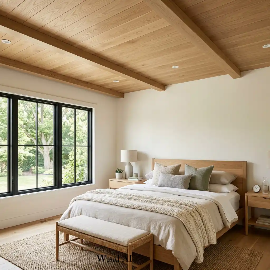 White oak bedroom with a statement wood ceiling and recessed lighting.