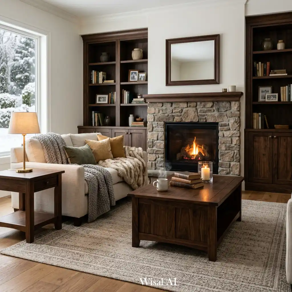 Sophisticated winter living room with dark walnut furniture and warm lighting.