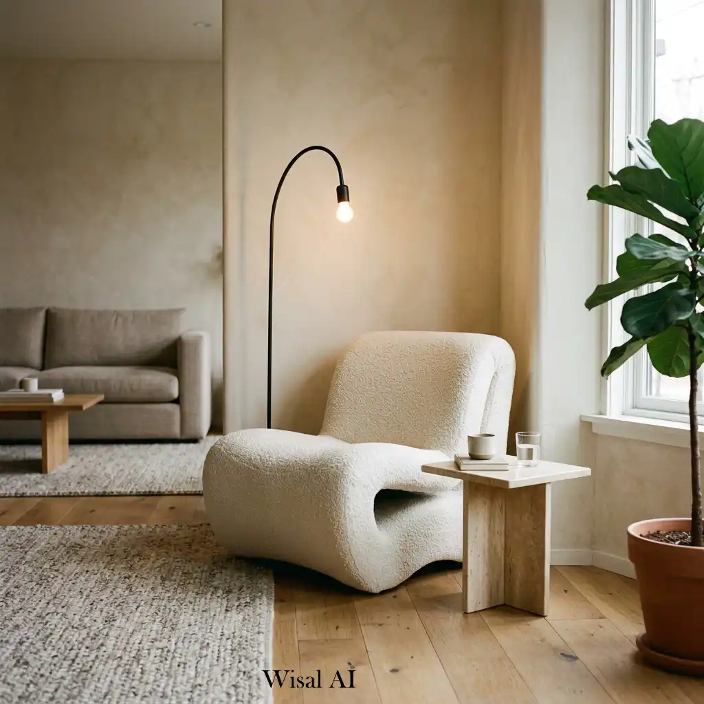 Contemporary sculptural lounge chair paired with a travertine side table.