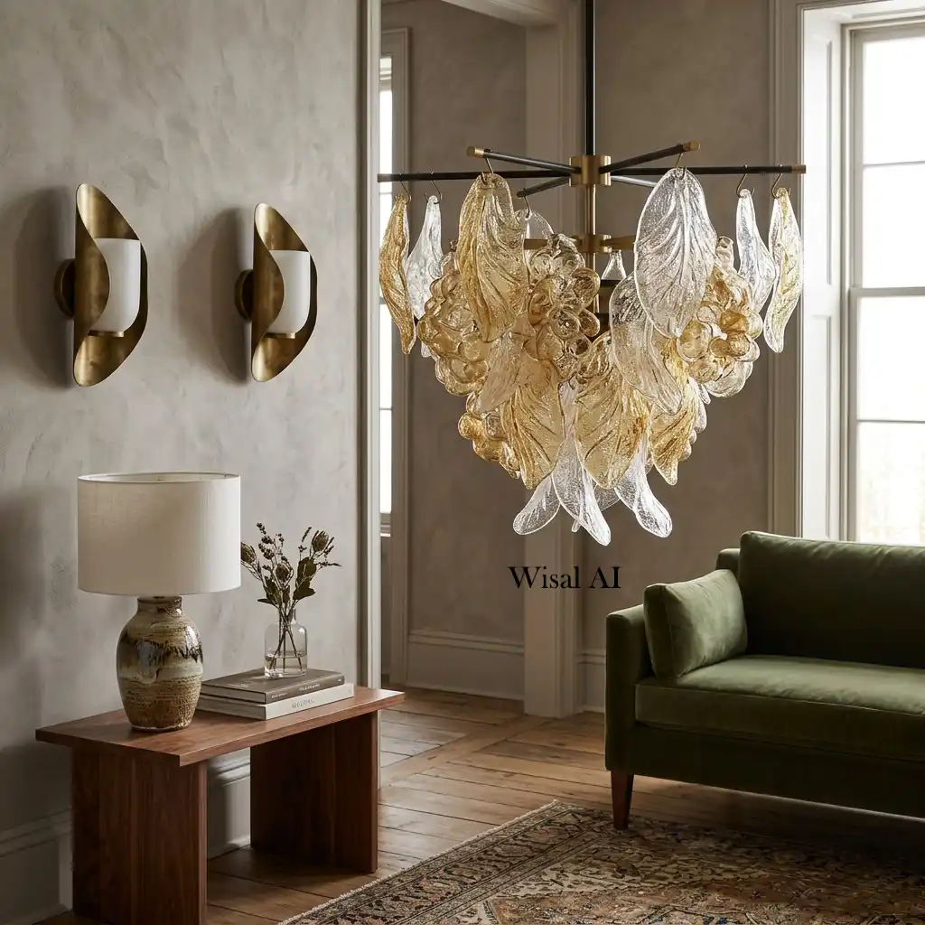 Sophisticated bedroom featuring a statement chandelier with brass finishes serving as both lighting and decorative art.