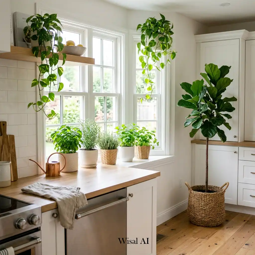 Fresh kitchen decorated with lush indoor plants and aromatic herbs for natural beauty.