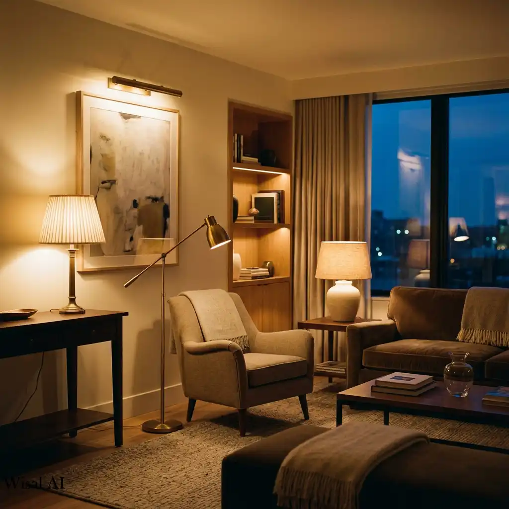 Cozy living room with warm ambient lighting and table lamps.