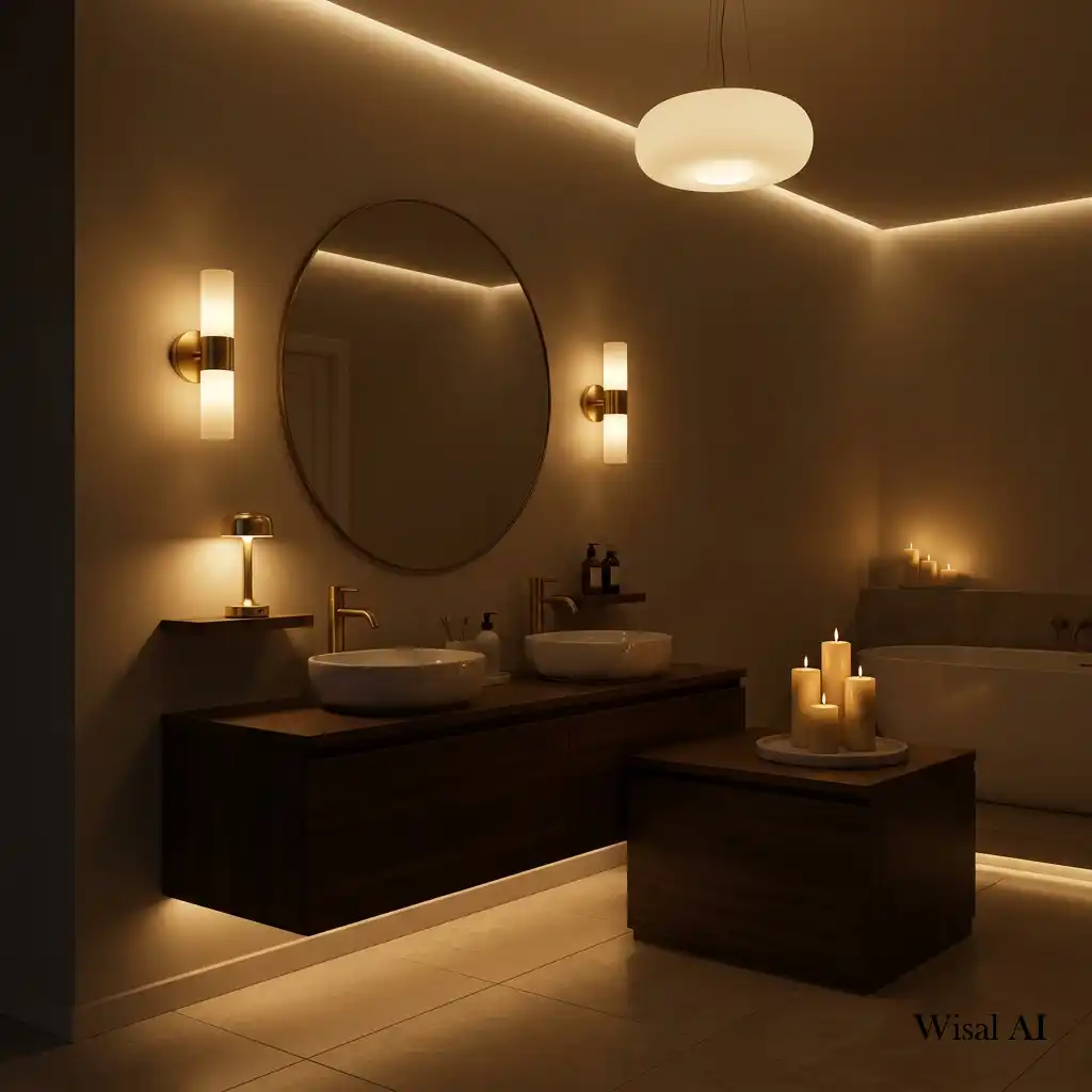 Spa-like bathroom illuminated with warm layered lighting and elegant decorative accents.